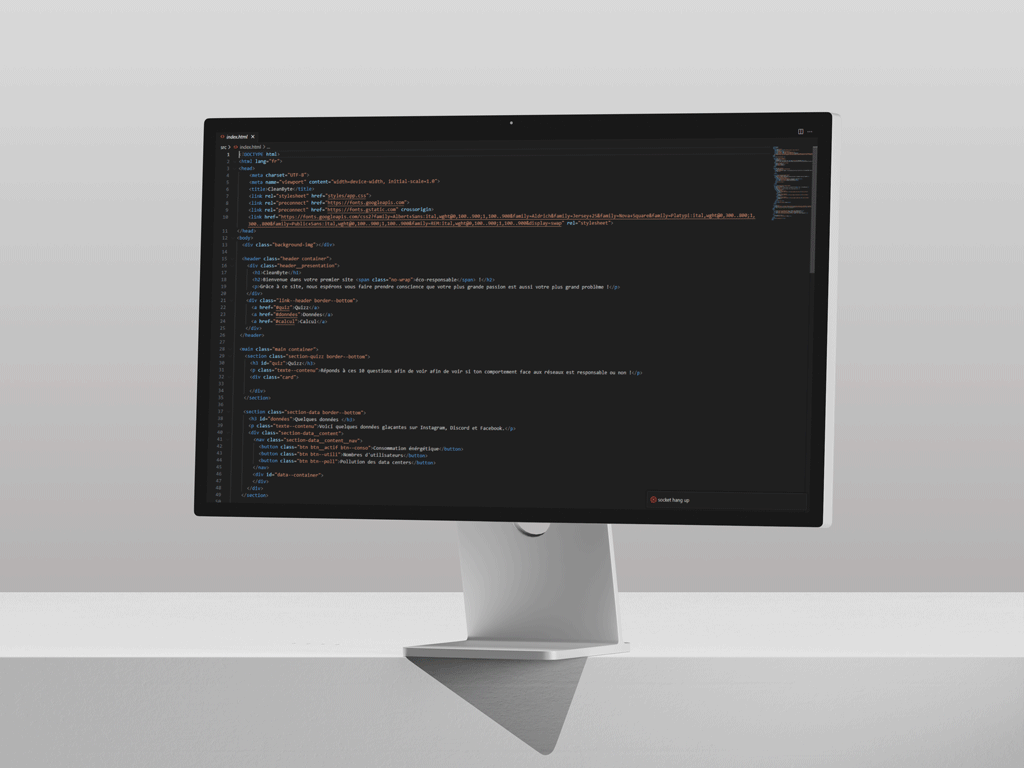 mockup d'un écran d'ordinateur contenant le code du site